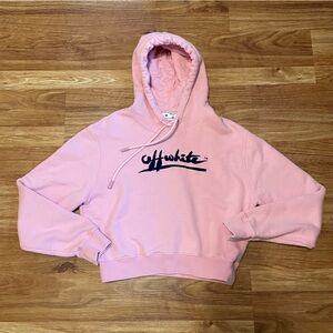 Off White Script Logo Cropped Hoodie Pink Cotton